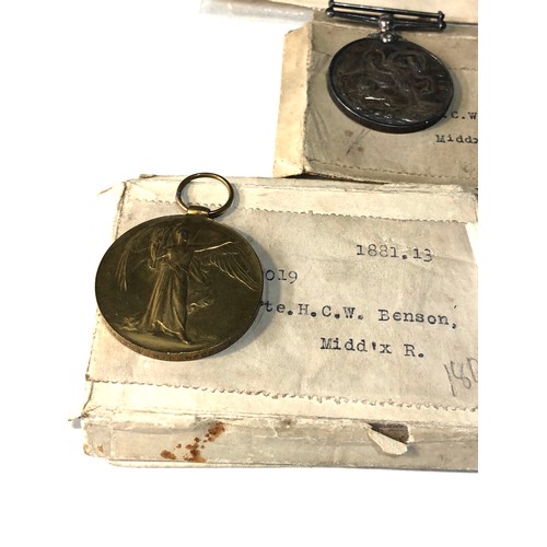 522 - ww1 casualty medal trio to pte h.c.w.benson middlesex reg plus scroll and boxes