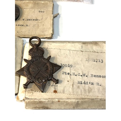 522 - ww1 casualty medal trio to pte h.c.w.benson middlesex reg plus scroll and boxes