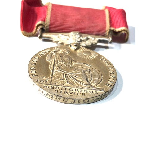 536 - Ladies British empire medal on ribbon + pin named to ivy m.mrs bowden