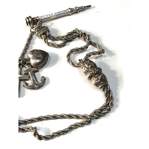 32 - Victorian silver Albertina watch chain with charms & silver propelling pencil