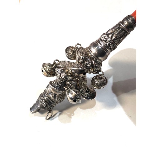 53 - Fine Georgian silver and coral babies rattle and whistle complete with all bells measures approx 15c... 