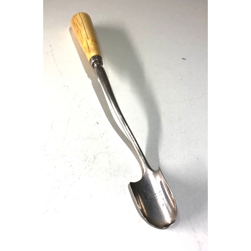 79 - Antique Georgian silver cheese scoop London silver hallmarks bone handle measures approx 27cm long p... 