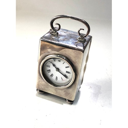 90 - Antique silver carriage clock measures approx 6.5cm by 4.6cm by 4cm not including handle engraved jo... 