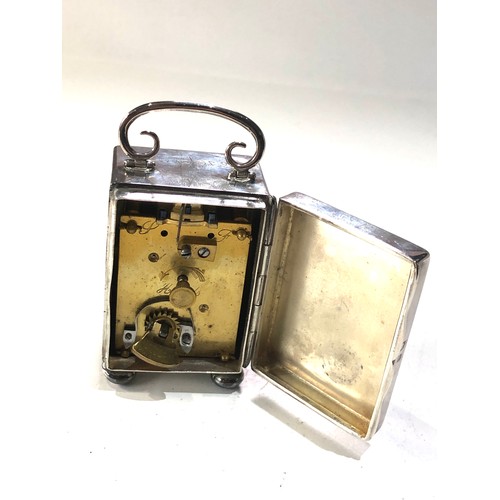 90 - Antique silver carriage clock measures approx 6.5cm by 4.6cm by 4cm not including handle engraved jo... 