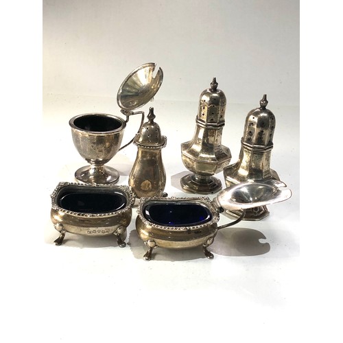 97 - Antique silver cruet set and pair of silver pepper pots  plus 1 other  Birmingham and chester silver... 