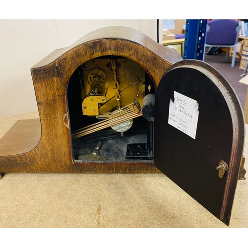 85 - Mahogany Inlaid 3 key hole mantle clock with key and pendulum