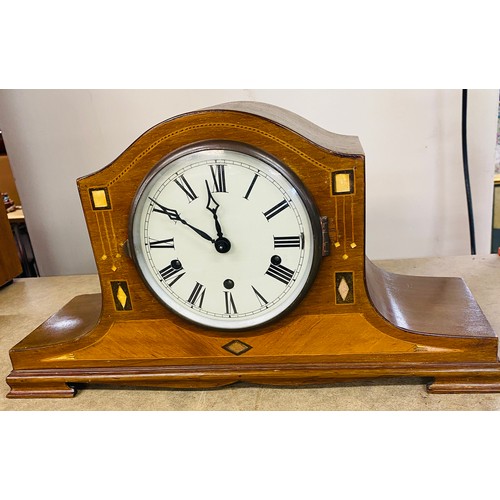 85 - Mahogany Inlaid 3 key hole mantle clock with key and pendulum