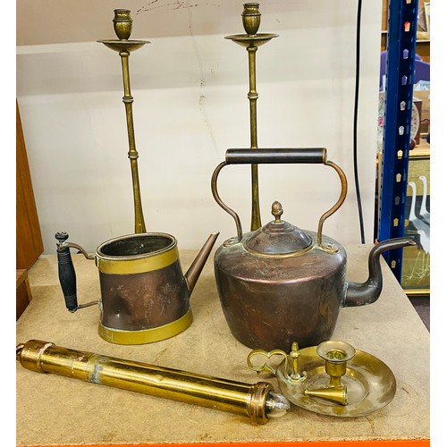 75 - Selection of brass ware includes candle sticks, kettles etc