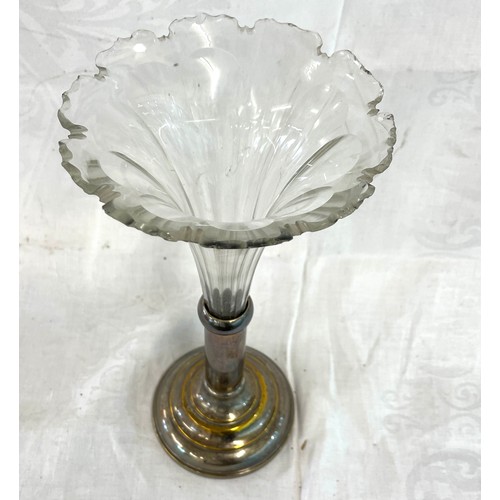 61 - Glass vase, silver plated base, chips to underside of glass, please view images