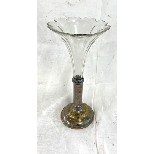 61 - Glass vase, silver plated base, chips to underside of glass, please view images