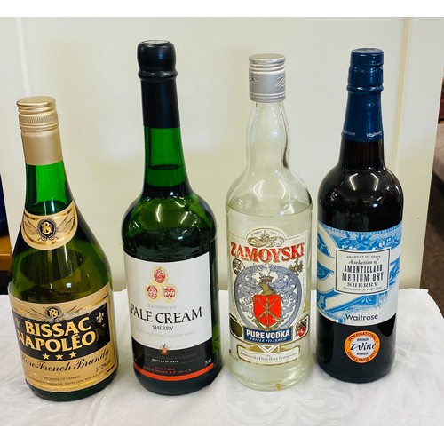 66 - Selection 4 spirits to include French brandy, pale cream Sherry, Zamoyski vodka,  Medium dry Sherry,... 