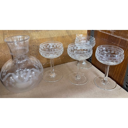 79 - Delicate decorative glass water jug and glasses set