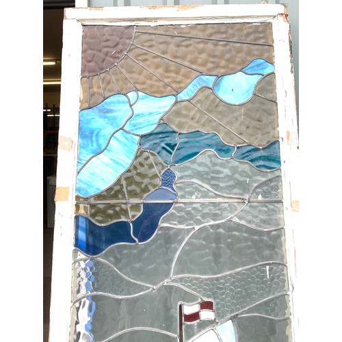 99C - Antique large stain glass window, depicting a sail boat and sun set, overall good condition, 2 small... 