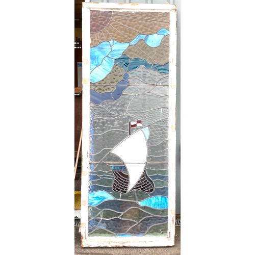 99C - Antique large stain glass window, depicting a sail boat and sun set, overall good condition, 2 small... 