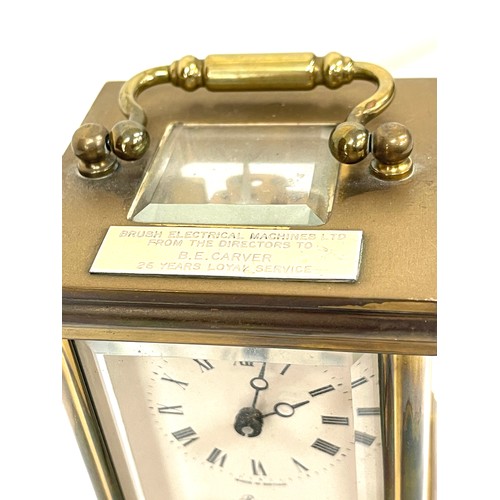 9 - Vintage Rapport carriage clock, with key, untested presented for loyal service, plaque to top