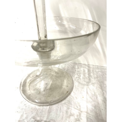 129 - Antique glass centre piece, stands approximately 16 inches tall, small chip to edge, please view ima... 