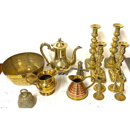 71 - Selection of vintage brassware to include candle sticks, jugs etc