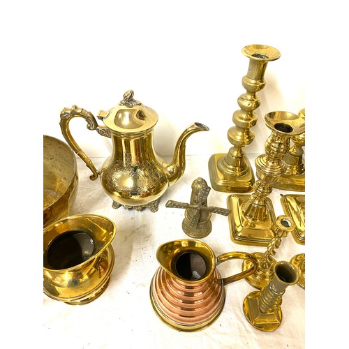 71 - Selection of vintage brassware to include candle sticks, jugs etc