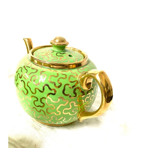 136 - Sudlow Burslem teapot, milk jug, sugar, water jug green and gold puzzle pattern, overall good condit... 