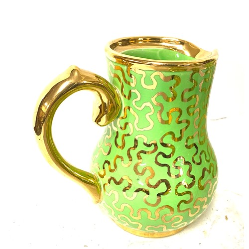 136 - Sudlow Burslem teapot, milk jug, sugar, water jug green and gold puzzle pattern, overall good condit... 