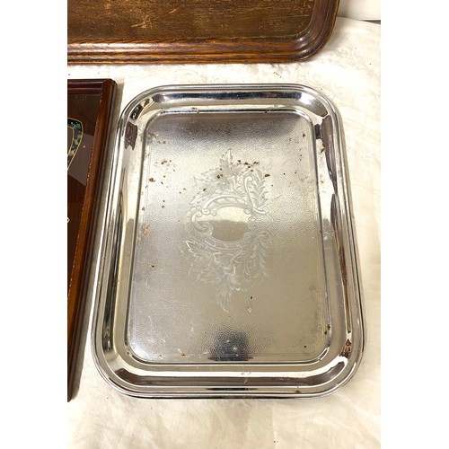 81 - 3 Vintage serving trays, ( 2 oak, 1 stainless steel)