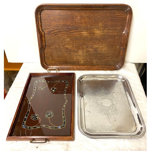 81 - 3 Vintage serving trays, ( 2 oak, 1 stainless steel)