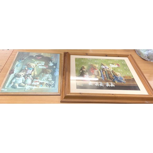 77 - 2 Teddy pictures, one in pine frame