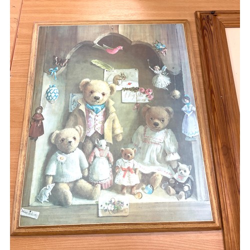 77 - 2 Teddy pictures, one in pine frame