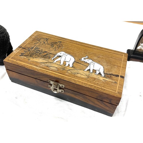 5 - Selection small wooden elephants, wooden trinket box and small cork framed picture