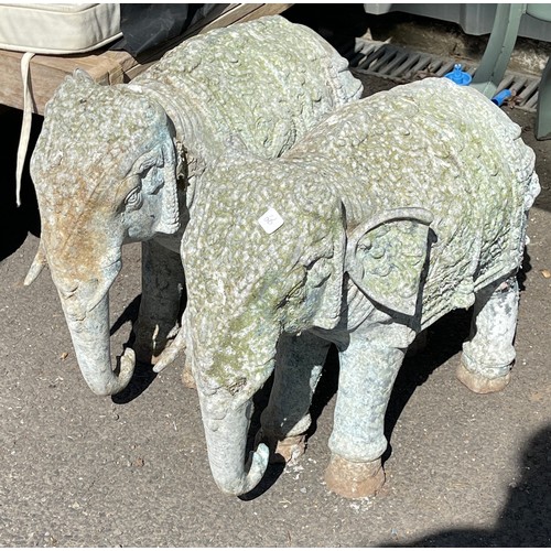 100H - Pair of metal elephants, missing an ear, approximate height: 17 inches