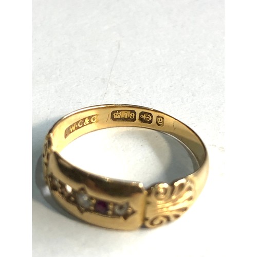 85 - Antique 18ct gold diamond and ruby ring missing small ruby as shown weight 2.7g