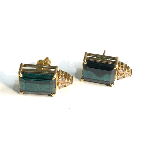 87 - Fine 18ct gold diamond tourmaline earrings measure approx 1.9cm drop by 1cm wide weight 8.4g