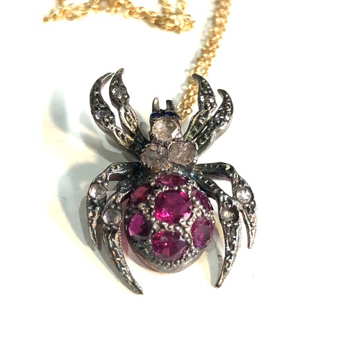 88 - Fine rose diamond & ruby spider pendant on 18ct gold chain pendant gold back silver front measures a... 
