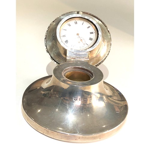 41 - large silver desk inkwell with pocket watch lid  measures approx 11.5cm dia height 7cm watch not wor... 