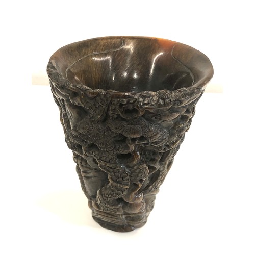 539 - Reproduction Chinese carved libation cup stamped on base measures approx 15cm tall