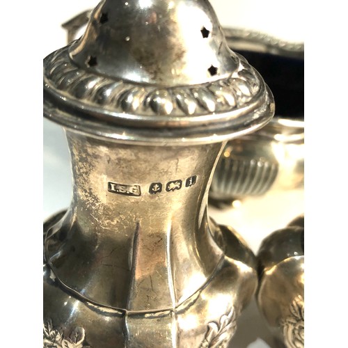 75B - Antique silver cruet set missing liners mustard pot bun feet are damaged weight 220