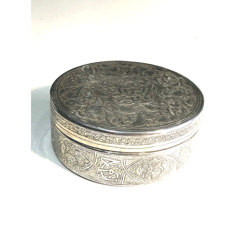 75C - Antique engraved egypt silver Islamic  round box measures approx 9.5cm dia weight 154g