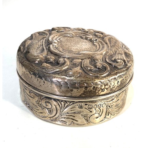 33 - Victorian silver round lidded box London silver hallmarks measures approx 8.2cm dia weight 108g