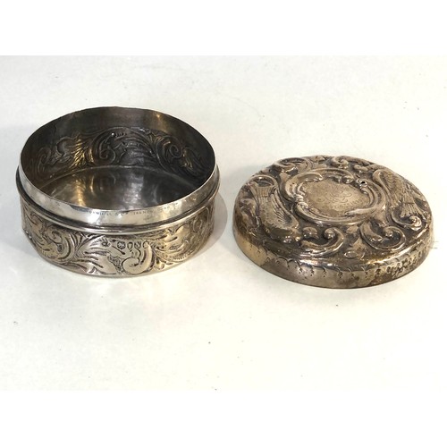 33 - Victorian silver round lidded box London silver hallmarks measures approx 8.2cm dia weight 108g