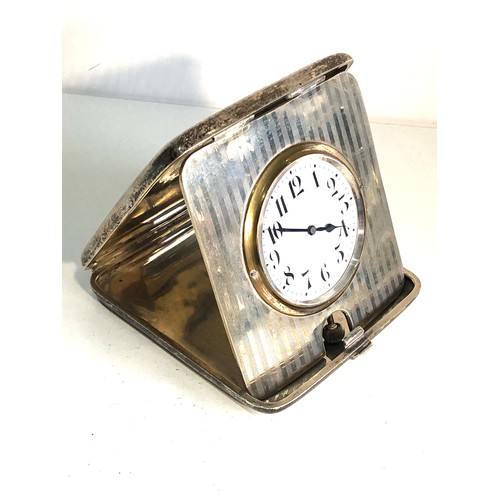 11 - Antique silver case travel clock clock not working winder pulls our engine turned case in good condi... 