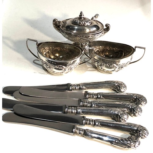 2 - Silver cruet set and 6 silver handle pistol grip knives