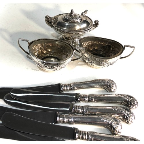 2 - Silver cruet set and 6 silver handle pistol grip knives