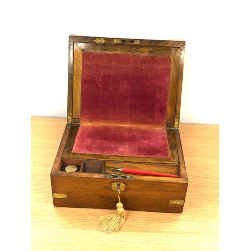 536 - Antique victorian brass bound mahogany writing box complete with ink well