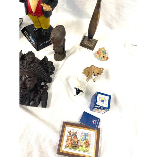 54 - Selection of carved african figures, 2 Tartan bar man figurines, beswick sheep etc