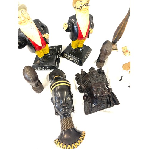 54 - Selection of carved african figures, 2 Tartan bar man figurines, beswick sheep etc