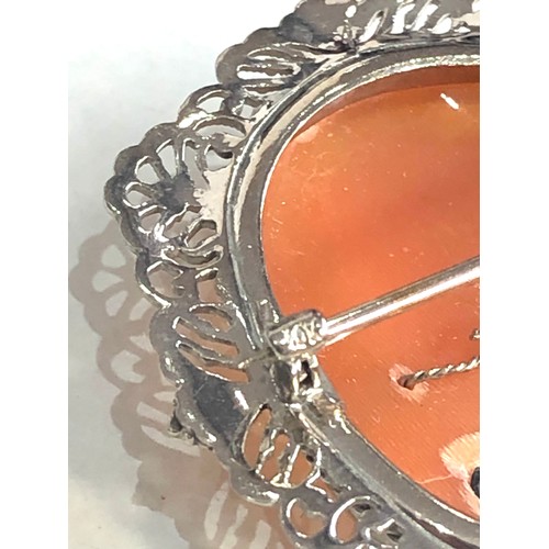 184 - 10ct white gold filigree frame cameo brooch set with diamond weight 4.6g