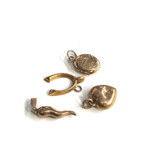 207 - 9ct gold wish bone, heart, horn of life & miniature locket charm/pendants