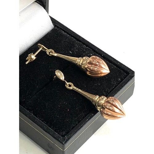 185 - 9ct gold rose & yellow colour drop earrings weight 2g