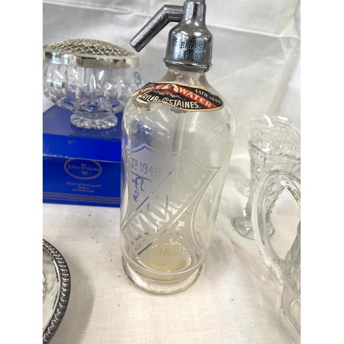 44 - Selection of glassware to include Taylors soda syphon, Ansells two handled advertising glass, John J... 