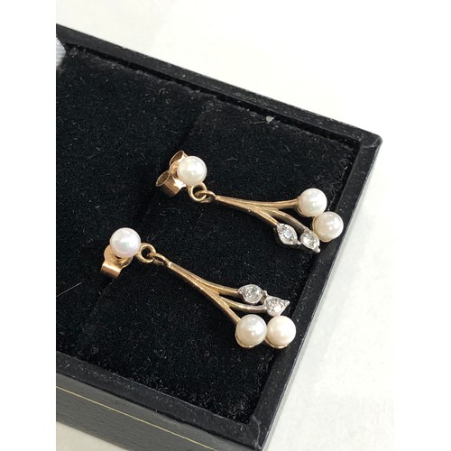 266 - 9ct gold diamond & pearl drop earrings weight 1.4g